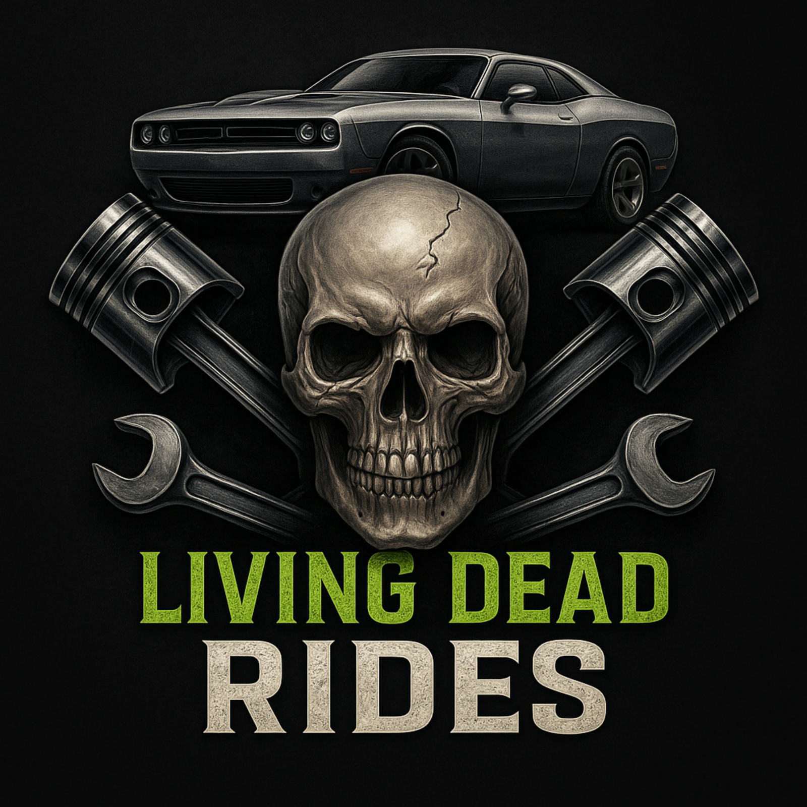 Living Dead Rides skull, pistons, wrenches, and car logo